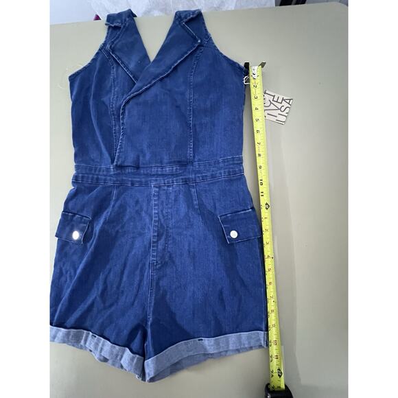 Active USA Women's M Notched Collar Halter Style Neck Denim Shorts Romper Blue - Picture 14 of 16